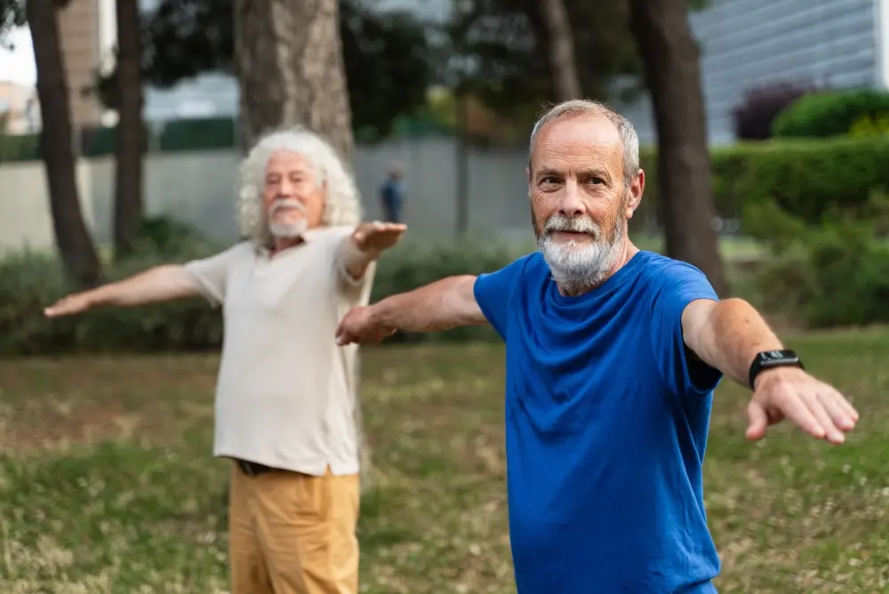 Personnes âgées faisant du yoga d'équilibre d'exercice de forme physique, au parc.